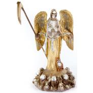 RESINA ARTESANAL | Imagen Santa Muerte con Alas sobre Calaveras 30 cm 12 inch  (Dorada) (c/ Amuleto Base) - Resina