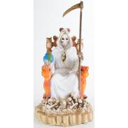 RESINA ARTESANAL | Imagen Santa Muerte sobre Trono Imperial Pata de Gallo 29 cm (Blanca) (c/ Amuleto Base) - Resina