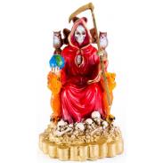 RESINA ARTESANAL | Imagen Santa Muerte sobre Trono Imperial Pata de Gallo 29 cm (Roja) (c/ Amuleto Base) - Resina