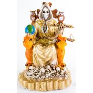RESINA ARTESANAL | Imagen Santa Muerte sobre Trono Imperial Pata de Gallo con Balanza 29 cm (Dorada) (c/ Amuleto Base) - Resina