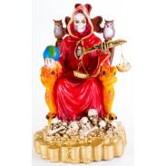 RESINA ARTESANAL | Imagen Santa Muerte sobre Trono Imperial Pata de Gallo con Balanza 29 cm (Roja) (c/ Amuleto Base) - Resina