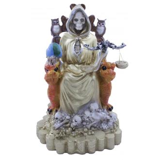 RESINA ARTESANAL | Imagen Santa Muerte sobre Trono Imperial Pata de Gallo 29 cm (Dorada) (c/ Amuleto Base) - Resina