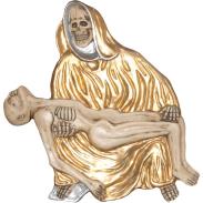 RESINA ARTESANAL | Imagen Santa Muerte para Colgar Pared Dorada 30 x 25 cm. - Resina