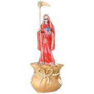 RESINA ARTESANAL | Imagen Santa Muerte sobre Bolsa Dinero 28 cm (Roja) (c/ Amuleto Base) - Artesanal puede variar el color y la forma de los detalles - Resina