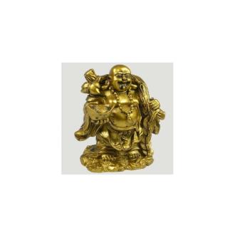 RESINA | Buda Dorado Sonriente cuenco  y monedas iching (resina. 11 cm)
